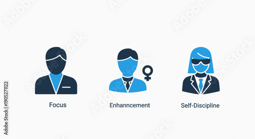 Icons for focus, enhancement, and self-discipline: stylized businessmen representing personal growth, concentration, and control. Modern vector art.