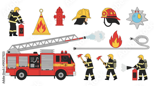 Firefighting equipment and personnel set including a fire truck, brave firefighters, helmets, hydrant, and extinguisher for safety themes.