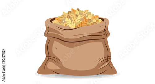 Brown bag full of golden coins and leaves
