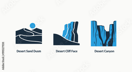 Desert geological formations icons: sand dunes, cliff face, and canyon walls, showcasing dramatic arid landscapes and natural erosion. Stylized vector art.