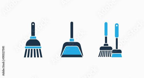 Cleaning tools icons: bristled broom, dustpan, and a pair of brooms, representing tidiness, hygiene, and household chores. Simple vector graphics.