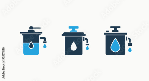 Set of icons depicting water filters and purification systems for clean water technology, plumbing, and environmental solutions.