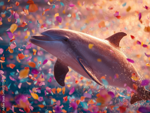 A bottlenose dolphin swimming through a flurry of vibrant colorful flower petals