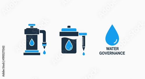 Water management and filtration icons including a filter system, a dispenser with a pipette, and a water drop symbolizing governance.