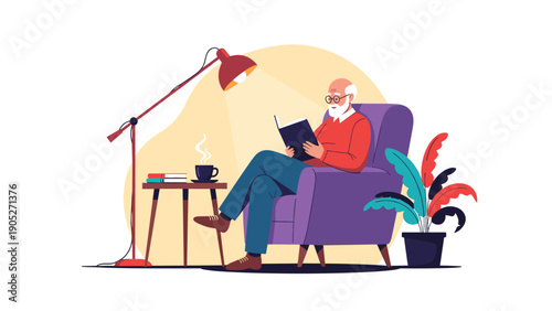 Peaceful elderly man relaxing in a purple armchair while reading a book under a floor lamp with a hot cup of coffee on a side table.