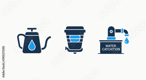 Water-related icons: a vintage kettle, a modern dispenser, and a water catchment system with dripping water.