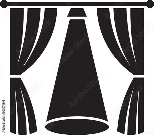 Simple black silhouette icon of a theater stage with open curtains and a spotlight beam, representing live performance, movie premieres, and dramatic entertainment events.