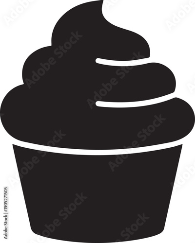 Simple black silhouette icon of a sweet cupcake with creamy frosting swirl, representing delicious bakery desserts, birthday party celebrations, and sugary pastry treats.