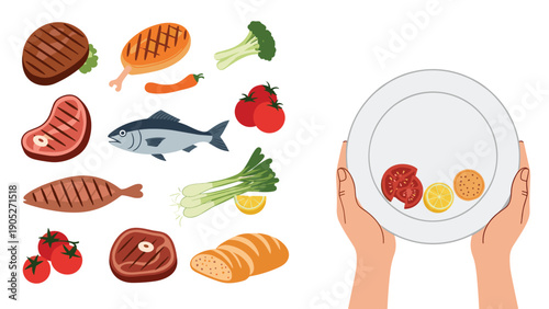 Various food items like steak, fish, and bread beside hands holding an empty white plate for nutrition and dietary concept illustrations.