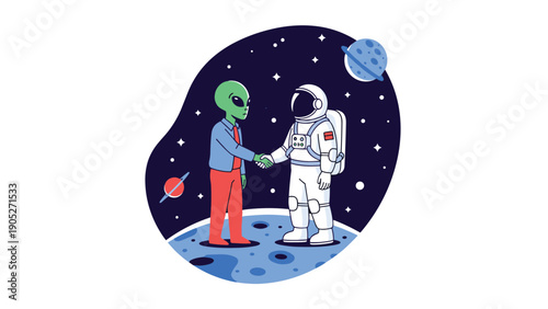 Friendly encounter between an astronaut and an alien shaking hands on the moons surface with stars and planets in the deep space.