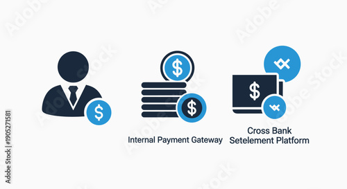 Icons focused on financial transactions: a person with dollar symbol, stacked coins, and a wallet with currency exchange symbols for payment systems.