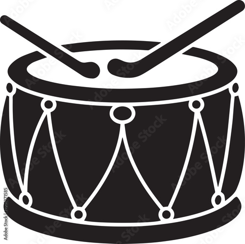 Simple black silhouette icon of a snare drum with two drumsticks resting on top, symbolizing musical percussion instruments, rhythmic marching bands, and rock concert performance.