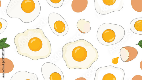 Seamless pattern features a variety of cooked eggs including sunny side up fried eggs and whole brown eggs with green herbs.