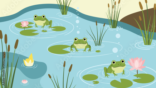 Three green frogs sit comfortably on lily pads in a peaceful pond with pink water lilies and tall bullrush plants on the banks.