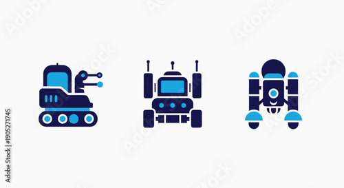 Robotic icons representing futuristic automation and exploration: tracked robot, wheeled robot, and futuristic walker.