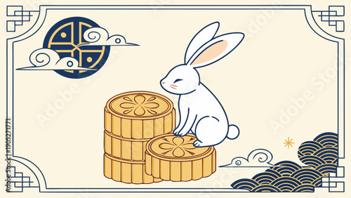 Mid Autumn Festival celebration background with cute white jade rabbit sitting on mooncakes, traditional Chinese clouds, and decorative frame for text..eps