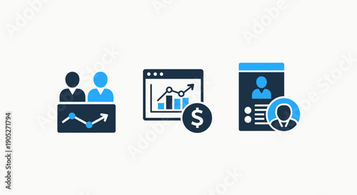 Business and finance icons: team statistics, financial growth chart on screen, and user profile for analytics and CRM.