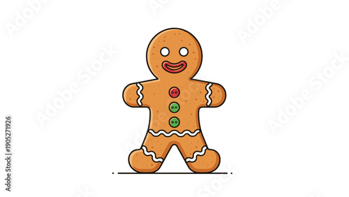 Classic gingerbread man cookie with white icing decorations and colorful buttons stands ready for the holiday season celebration.
