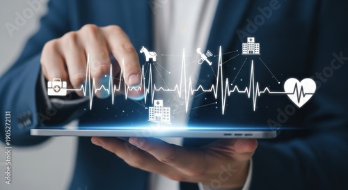 Digital Healthcare System. Professional hand tapping EKG pulse line on tablet, linking diverse medical services for integrated health management.