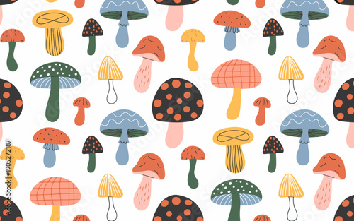Whimsical mushroom pattern with varied colors and playful shapes white background