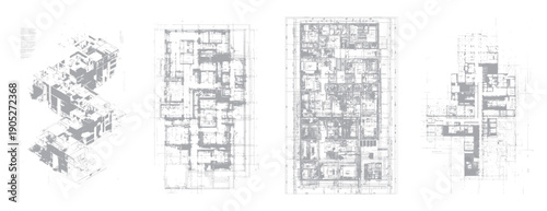 Architectural blueprint isometric view and floor plans with grey lines and shading on white background