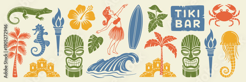 Hawaii Summer Beach Print Vector Set with Hand Drawn Tropical Tiki Mask Illustrations, Exotic Island Bar Stickers, Paradise Vacation Icons, Hula Dancer, Palm Tree Silhouettes, and Tribal Totems