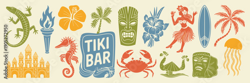 Hawaii Summer Beach Print Vector Set with Hand Drawn Tropical Tiki Mask Illustrations, Exotic Island Bar Stickers, Paradise Vacation Icons, Hula Dancer, Palm Tree Silhouettes, and Tribal Totems