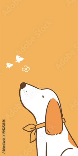 A dog watches butterflies flying near its face while a bright yellow background fills the scene during the day.