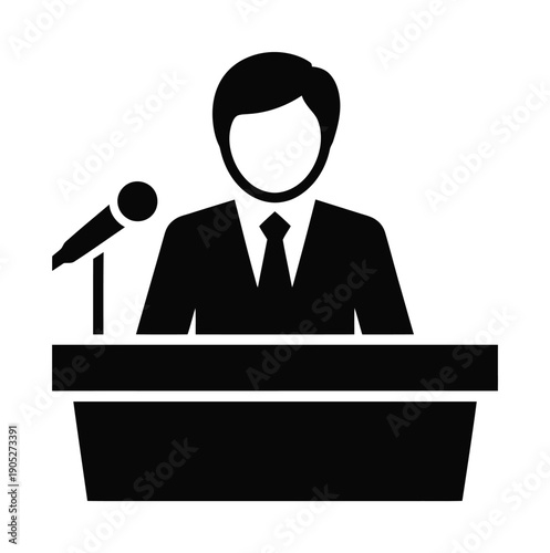 Vector illustration of a man in formal attire giving a speech at a podium.