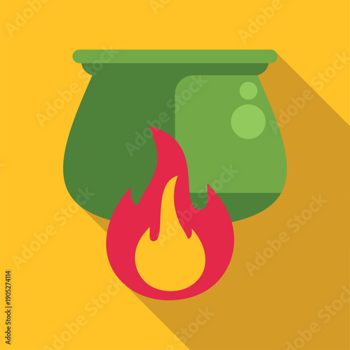 Cauldron heating green potion liquid with bubbles over a red and yellow fire flame