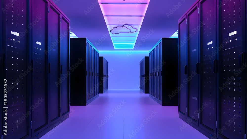Fototapeta premium Modern data center interior with rows of server racks and cloud symbol on ceiling