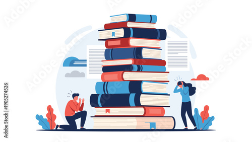 Two students look stressed and overwhelmed while standing next to a massive towering stack of books that reaches high above them.