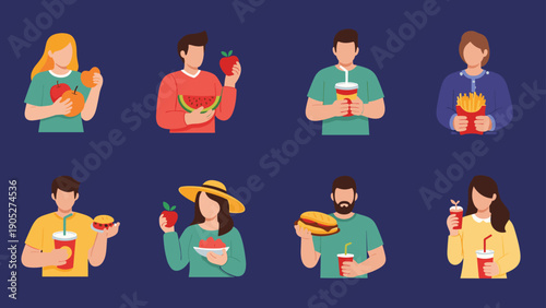 Comparison illustration shows people choosing between healthy options like fruits and unhealthy snacks like burgers and fries.