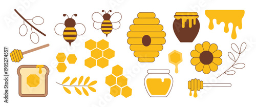 Honey Jar and Bee Vector Icon Set with Hexagon Honeycomb, Beehive, Wax Cells, Sunflower, and Insect Elements, Golden Apiary Pictograms on White Background for Sweet Food Product Design