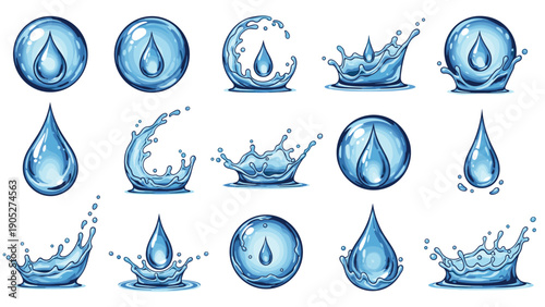 Large collection of water drop icons and liquid splash effects in various shapes and sizes for nature and hydration themes.