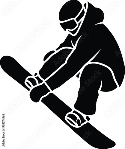 Dynamic silhouette of an athlete performing an airborne grab, embodying the thrill and skill of Winter Olympics Snowboarding. This graphic illustration captures the essence of winter sports action