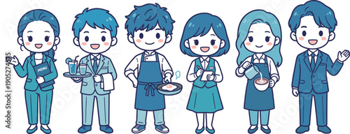 飲食店スタッフのデフォルメキャラクターセット レストランとカフェの職業イラスト
