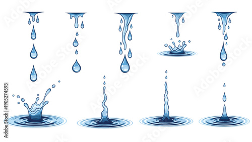 Sequence of water droplets falling into a pool creating different types of ripples, splashes, and crowns on the blue surface.