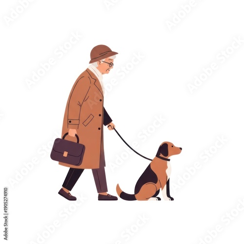 An elderly person walking a dog on a leash, carrying a briefcase, in a flat illustration style.