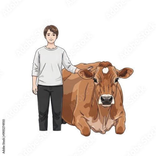 A person stands beside a cow, with the cow's head resting on the person's shoulder. The illustration is stylized with a white background, featuring a realistic depiction of the cow and a casual