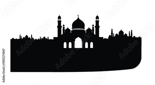 Taj Mahal silhouette with domes and minarets on white background