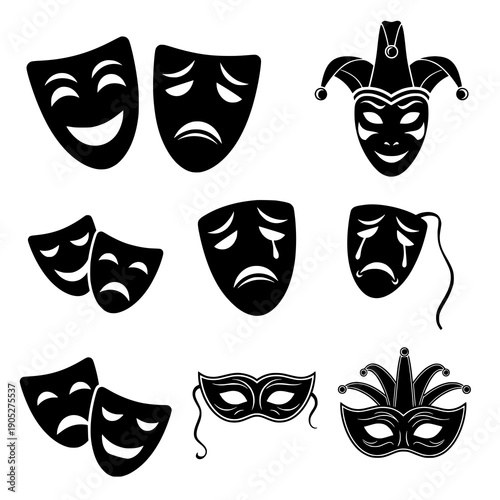 Theatre mask icon silhouette black vector comedy tragedy set