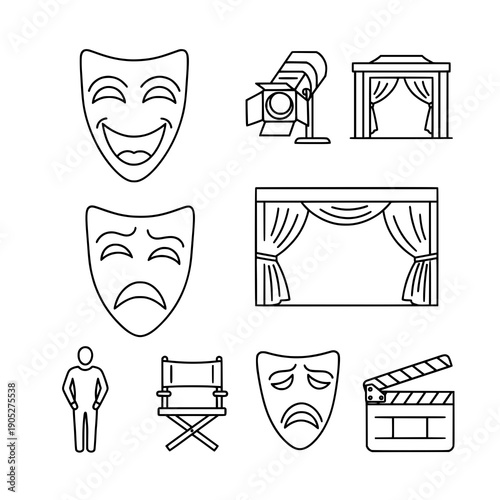 Outline theatre mask icon black vector line art drama set