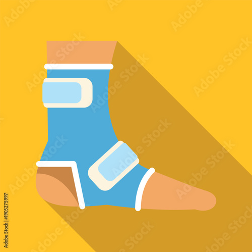 Human foot wearing a blue ankle brace on a yellow background