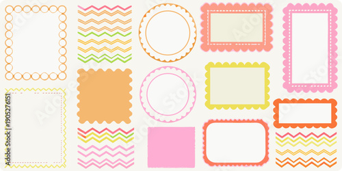 Collection of colorful decorative frames and labels arranged in a grid pattern