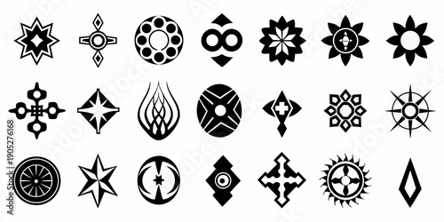 Collection of diverse black and white geometric symbols and stylized icons