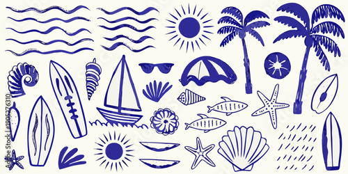 Blue and white summer themed doodles depicting beach and ocean elements