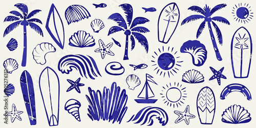 Blue and white hand drawn illustration of tropical beach elements