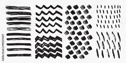 Abstract black brushstrokes arranged in vertical columns on a white background