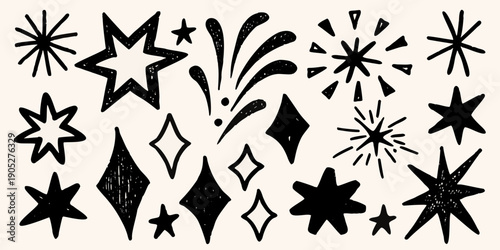 Black and white illustration of various celestial and abstract shapes